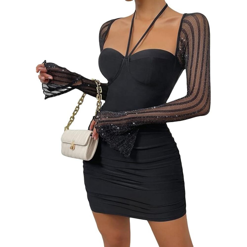 WDIRARA Contrast Mesh Lng Slve Halter Neck Party Mini Dress